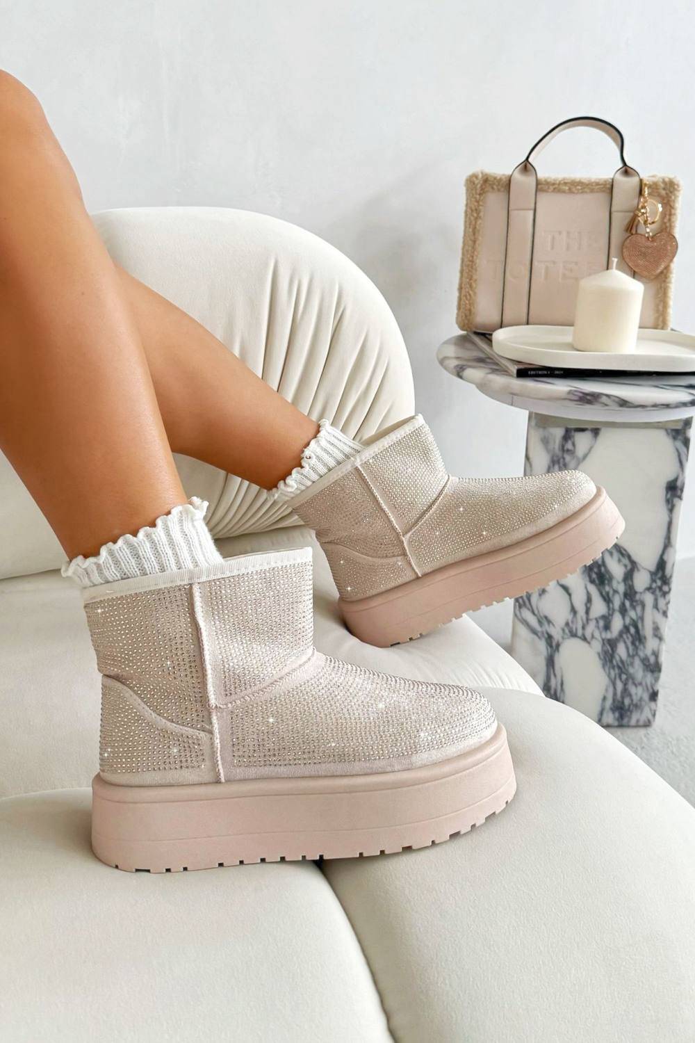 Love Lemonade Sparkly Rhinestone Snugg Mini Boots - Nude
