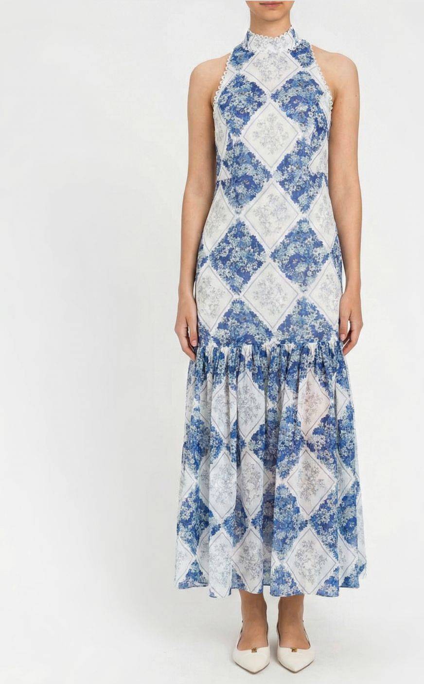 Floral Diamond Raffia Dress - Blue