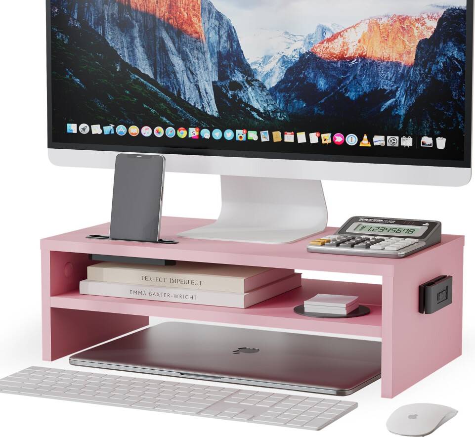 Wood Monitor Stand Riser with Smartphone Holder