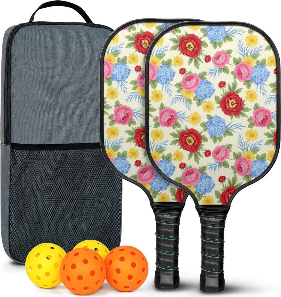 Pickleball Paddles Set Floral Fiberglass 2 Rackets