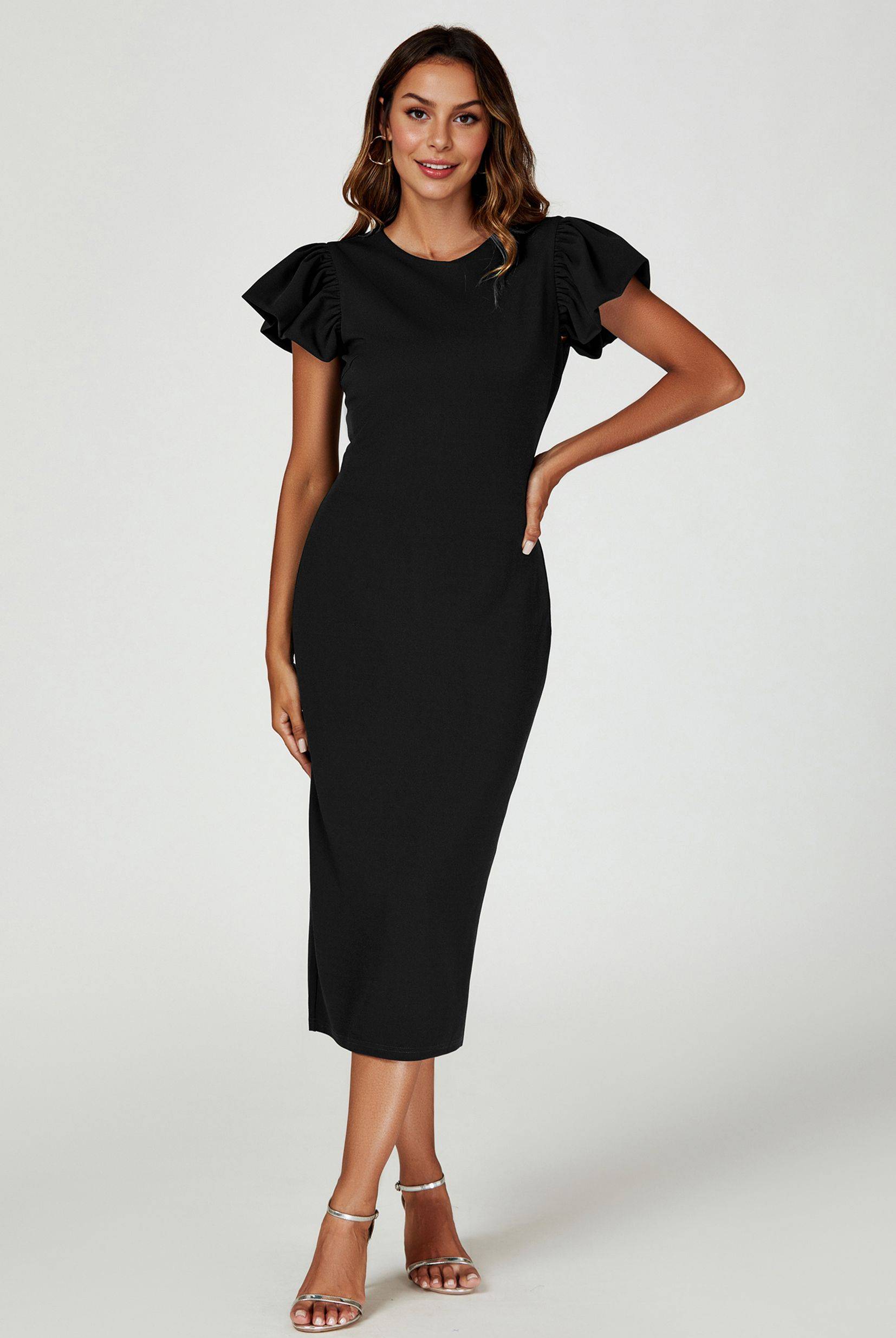 FS Collection Ruffle Sleeve Bodycon Midi Dress - Black