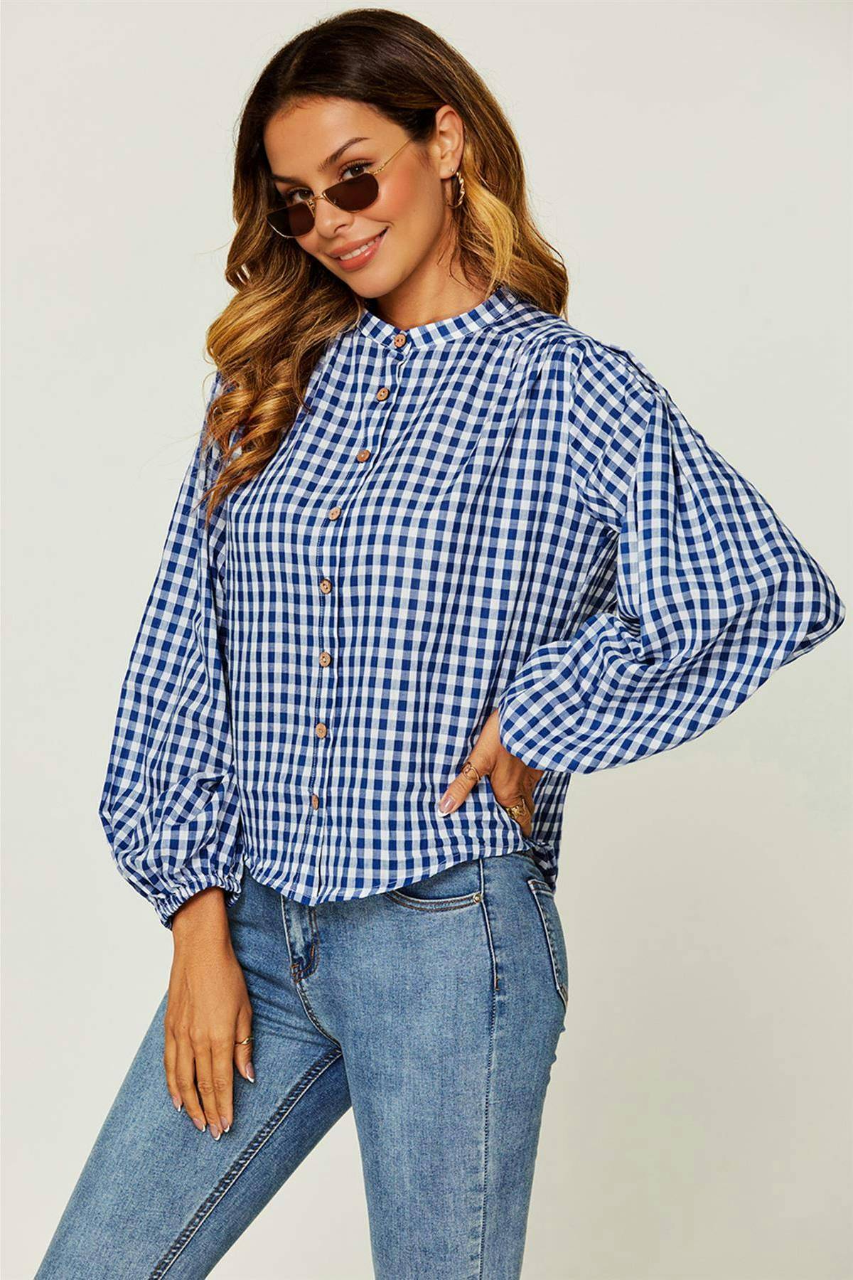 FS Collection Gingham Balloon Sleeve Blouse With Shell Buttons - Blue