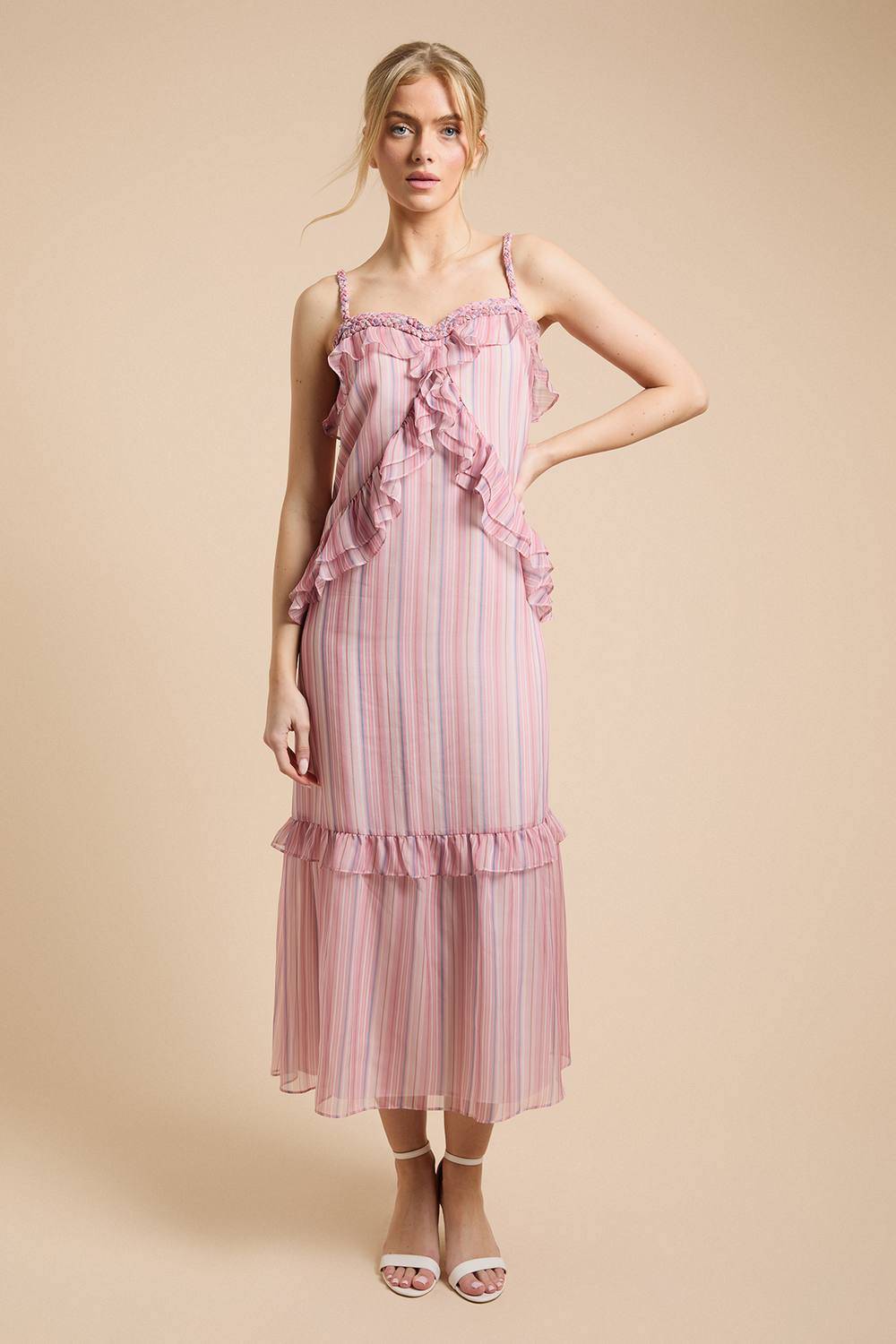 Oasis Rope Detail Neckline Ruffle Cami Midaxi Dress - Pink