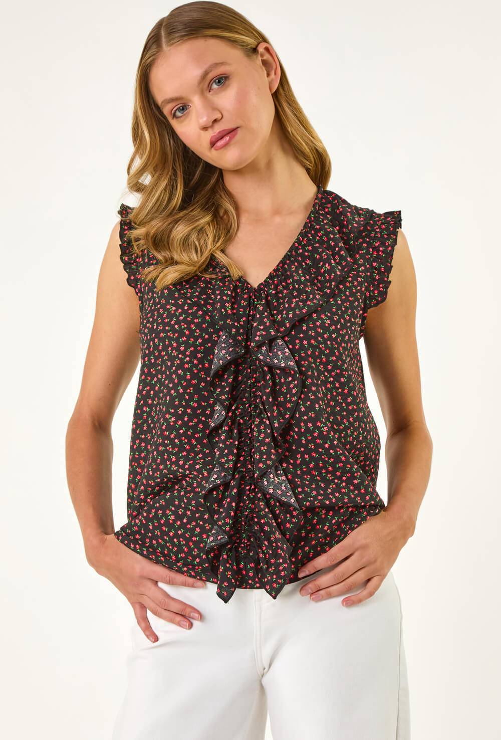 Roman Floral Print Ruffle Front Top - Black