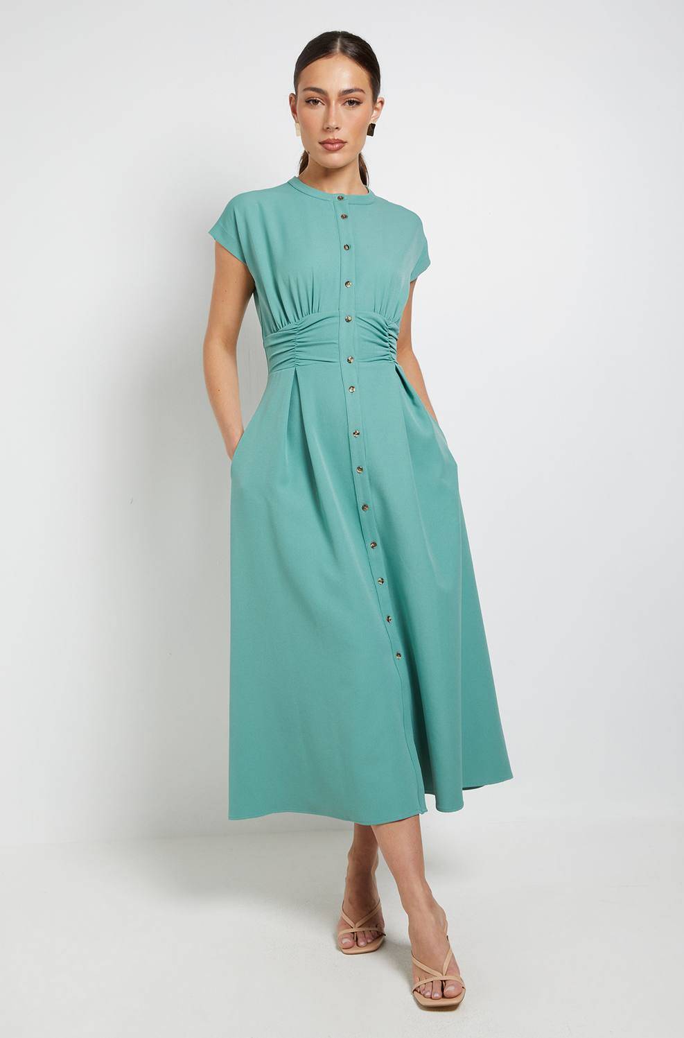 Debenhams Structured Ruched Button Through Maxi Dress - Green