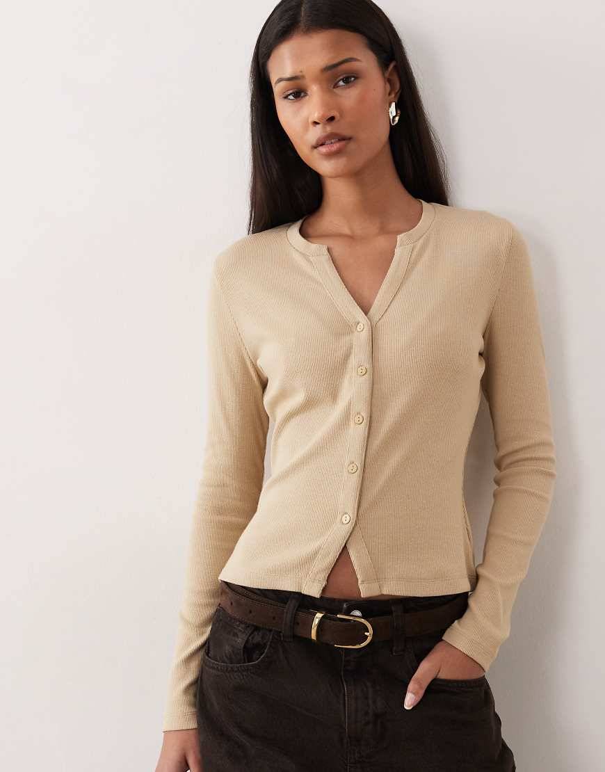 Long Sleeve Button Through Ribbed Top - Neutral