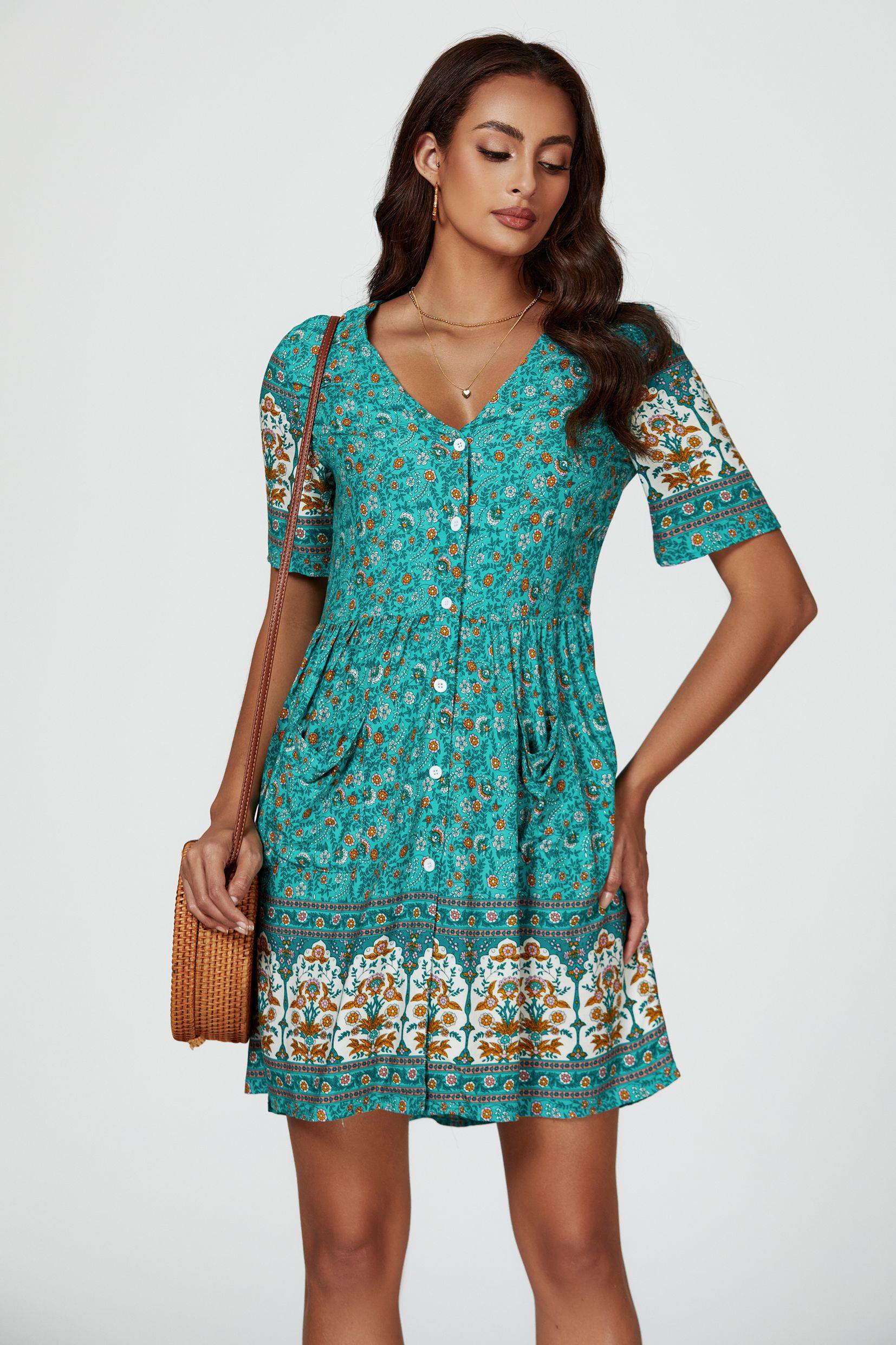 FS Collection Print Boho Mini Dress In Green