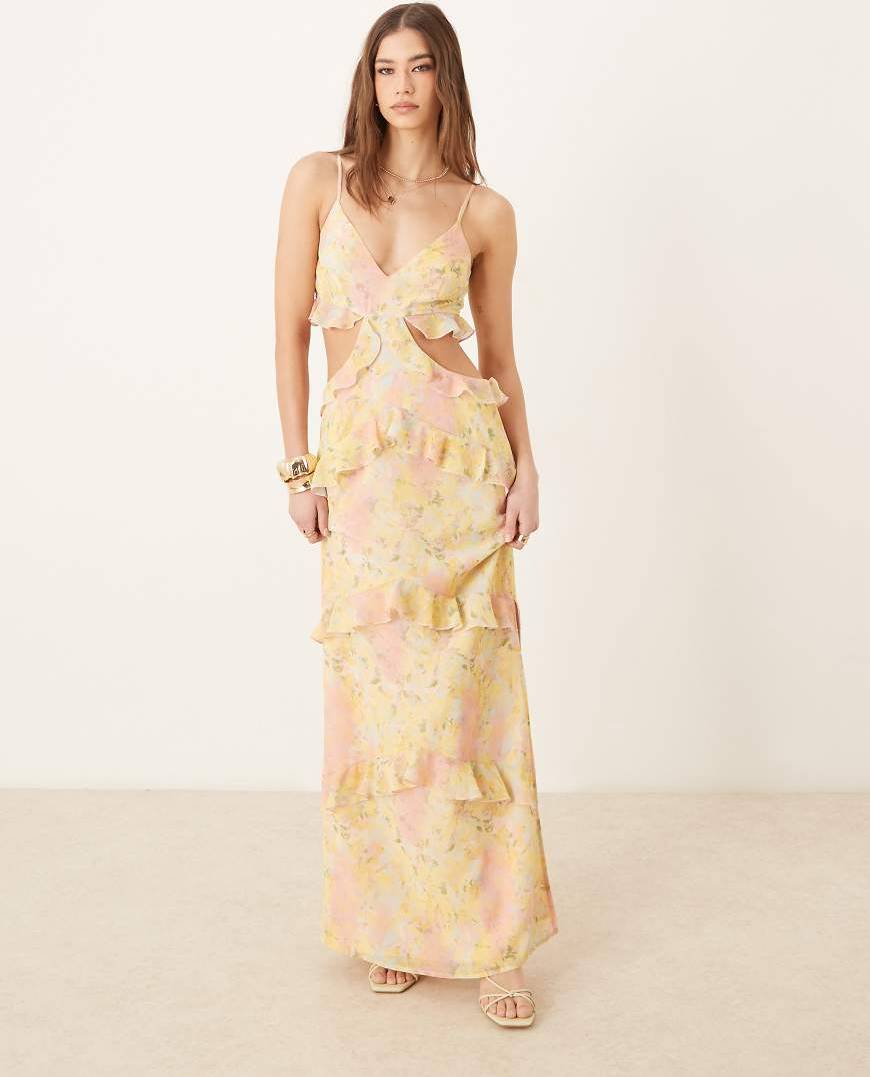 Cut-Out Ruffle Maxi Dress Bright Abstract Floral - Multi