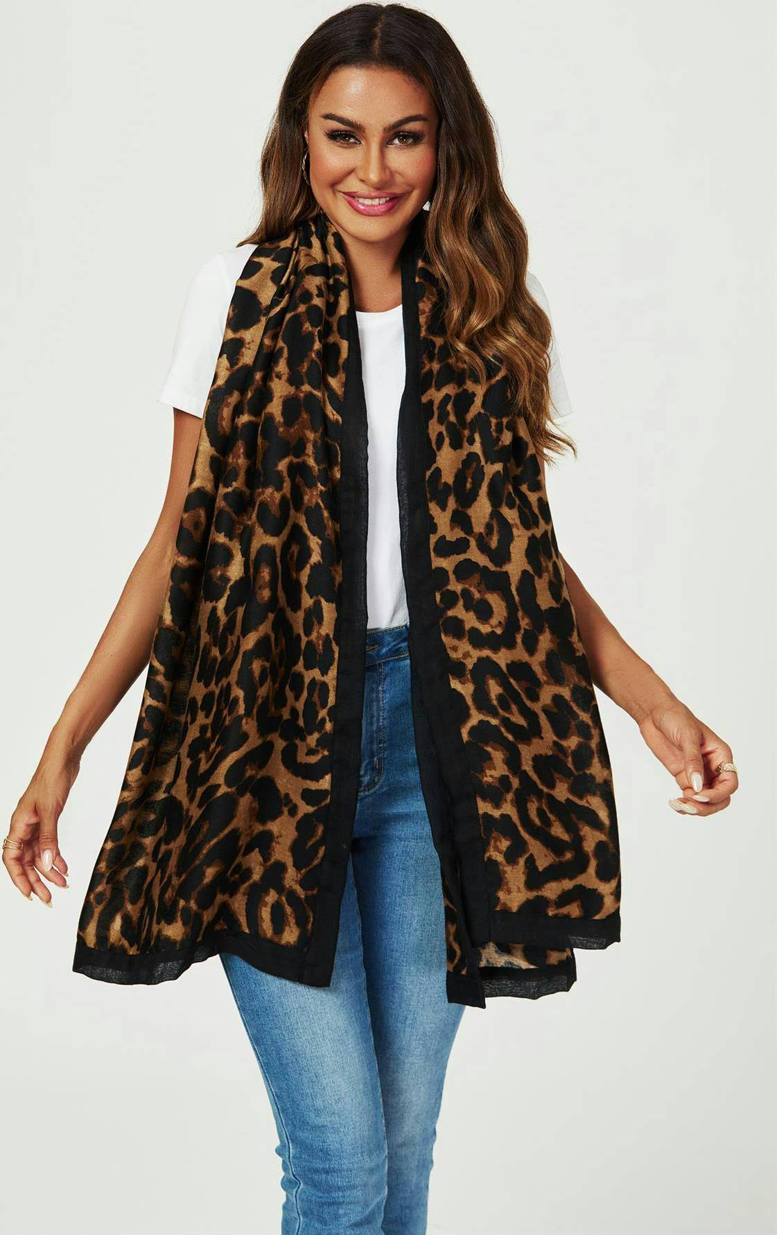 FS Collection Leopard Print Scarf In Brown Black
