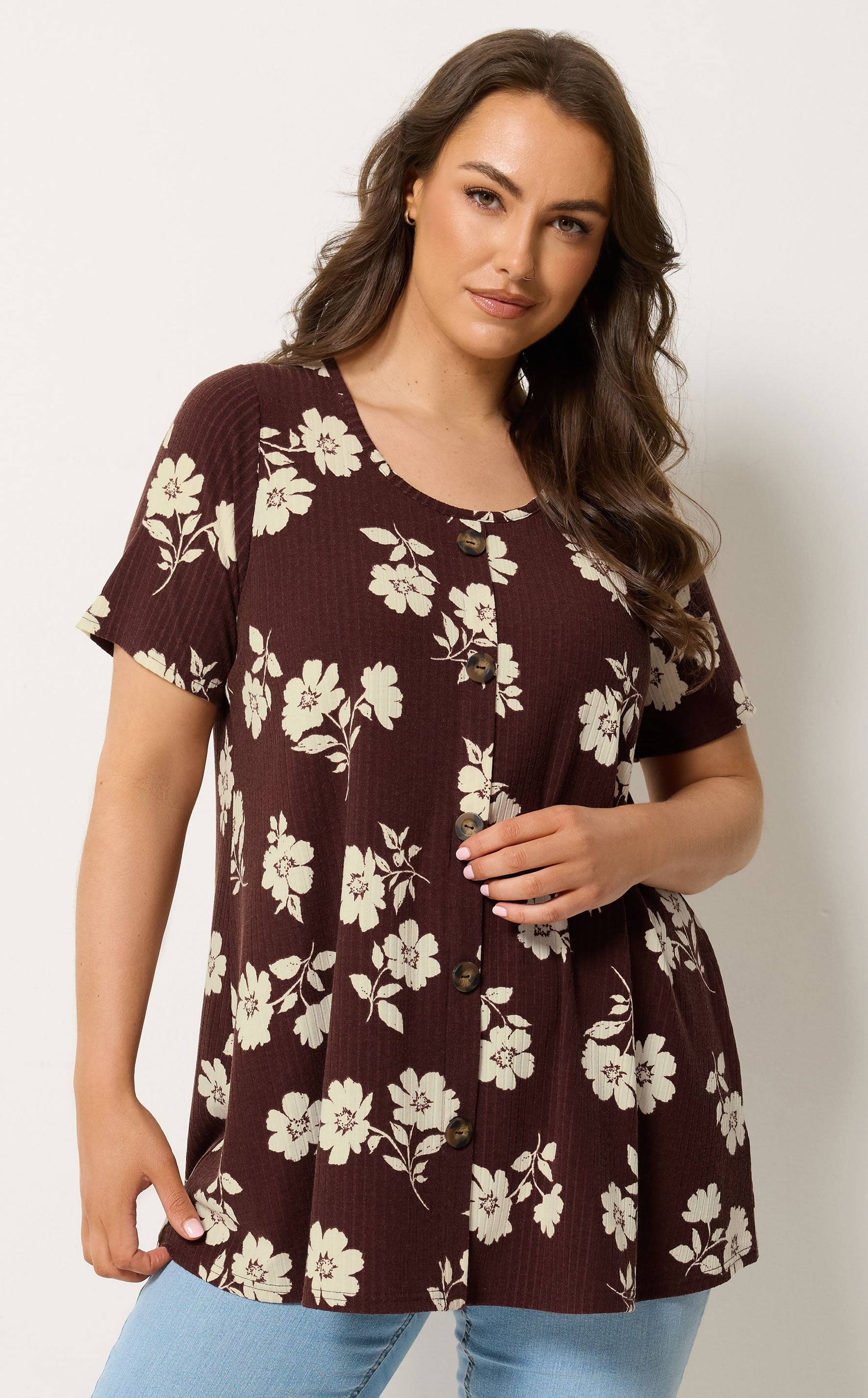 Yours Plus Size Floral Button Front Ribbed Swing Top - Chocolate