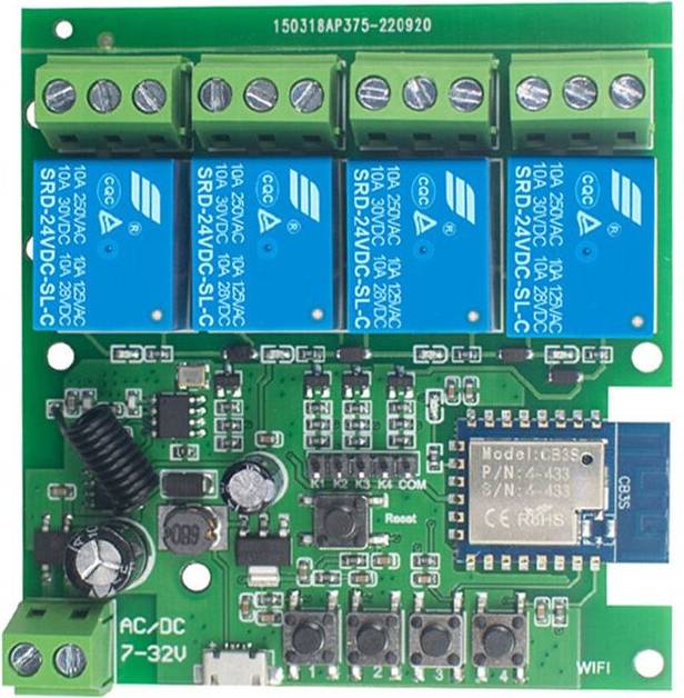 Wifi Wireless Module 4 CH DC7V-32V Inching Self-Lock RF433 10A Relay