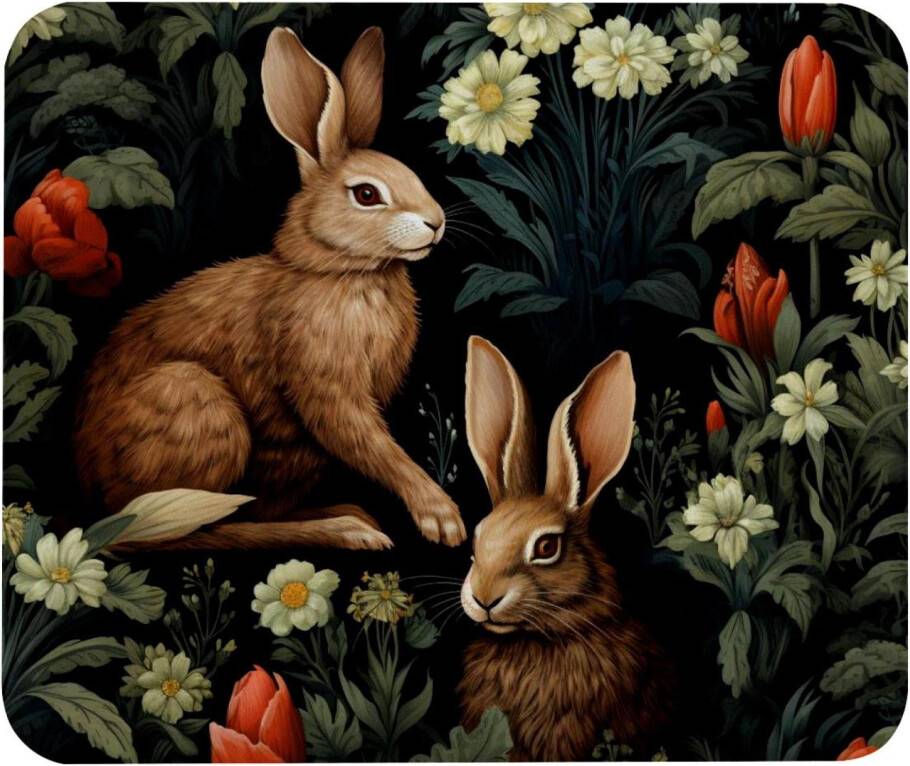 Brown Rabbit Flower Mouse Pad