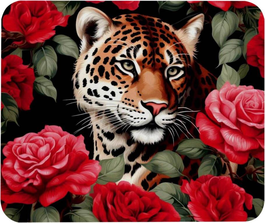 Square Mouse Pad Roses Red Leopard