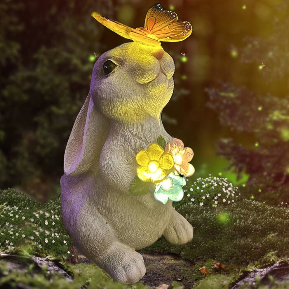 Solar Rabbit Garden Statue with LED Lights and Butterfly