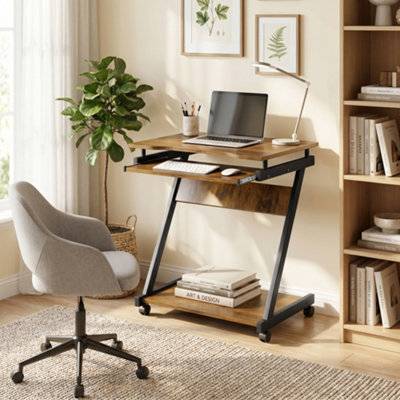 Homcom Movable Computer with 4 Moving Wheels Rustic Brown
