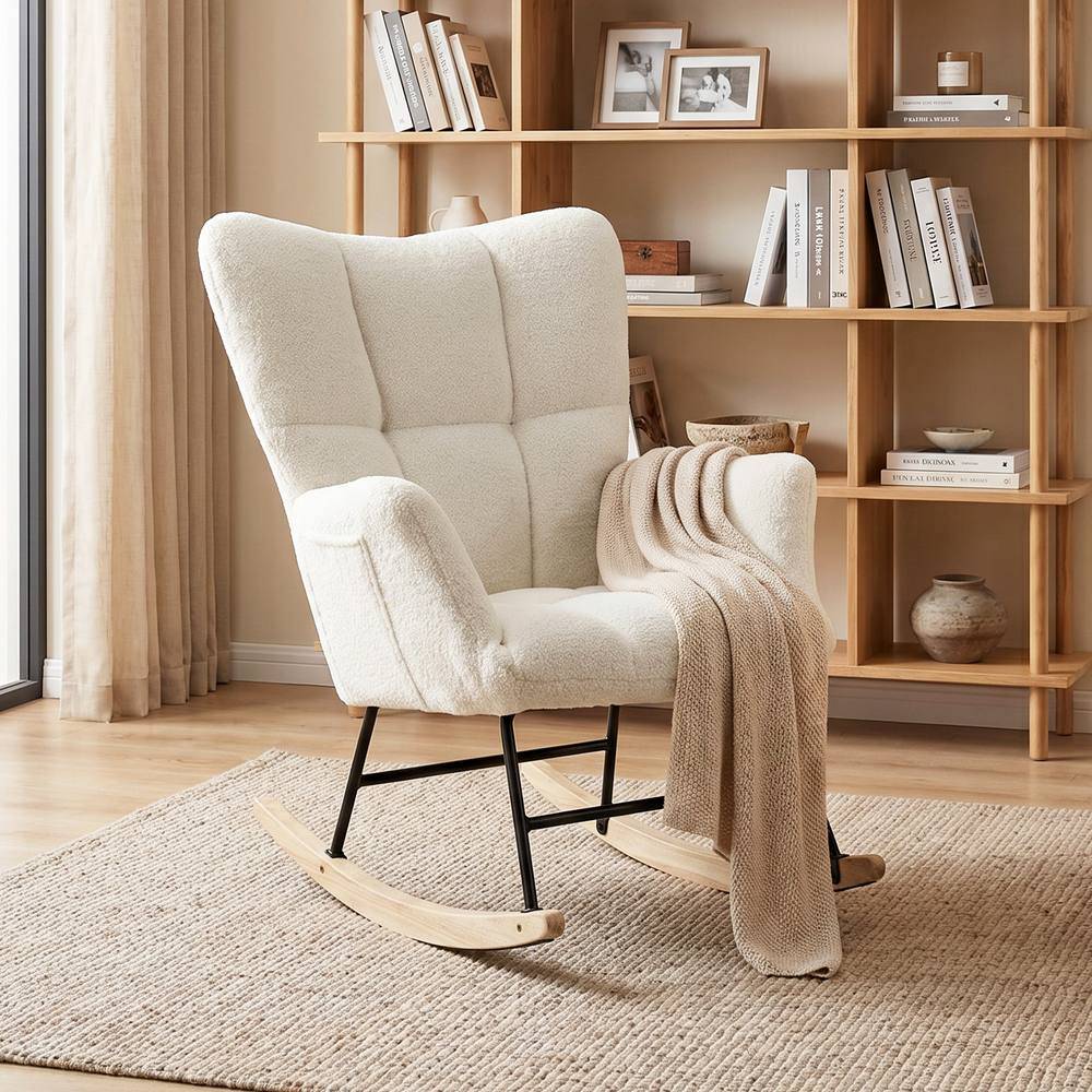 Homcom Tufted with Side Pockets in Cream Rocking Chair