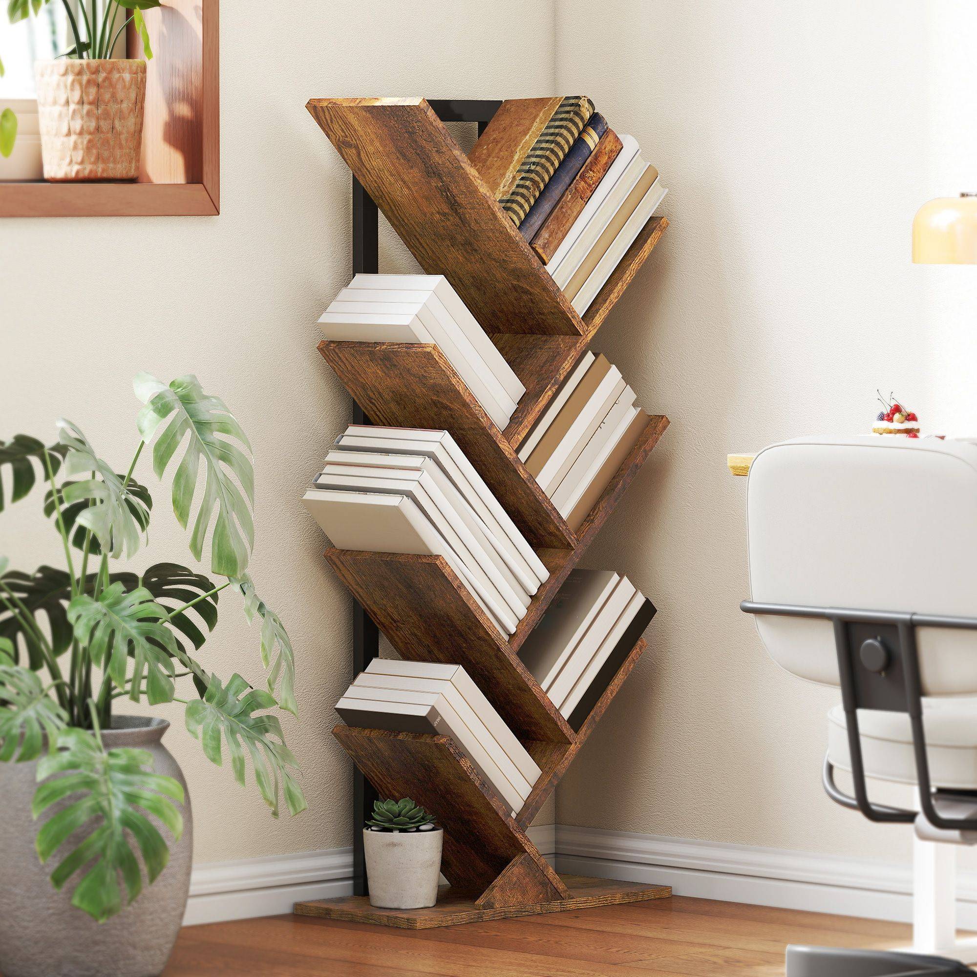 Homcom Tree Bookshelf with Steel Frame Rustic Brown