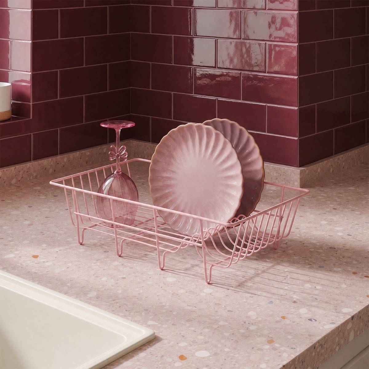 OHS Wire Dish Drainer Rack Pink Kitchenware
