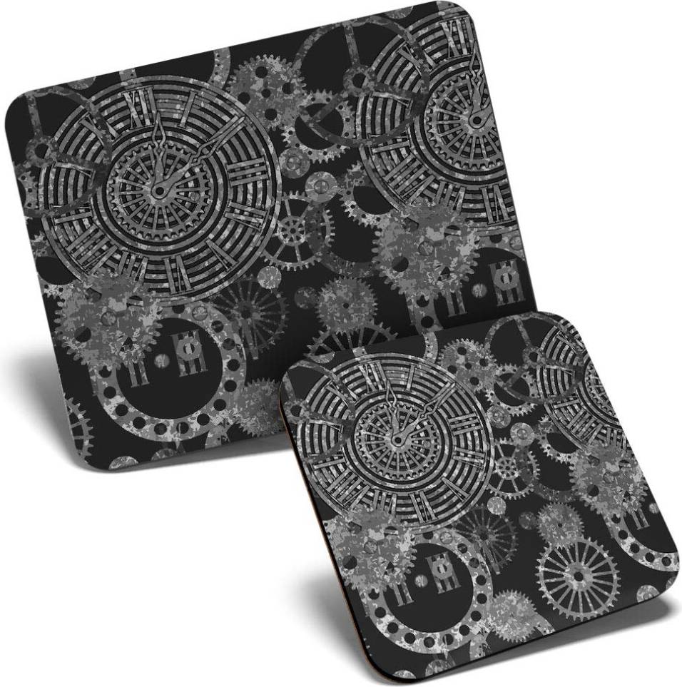 Destination Vinyl Mouse Mat Coaster Set Steampunk Gears Pattern