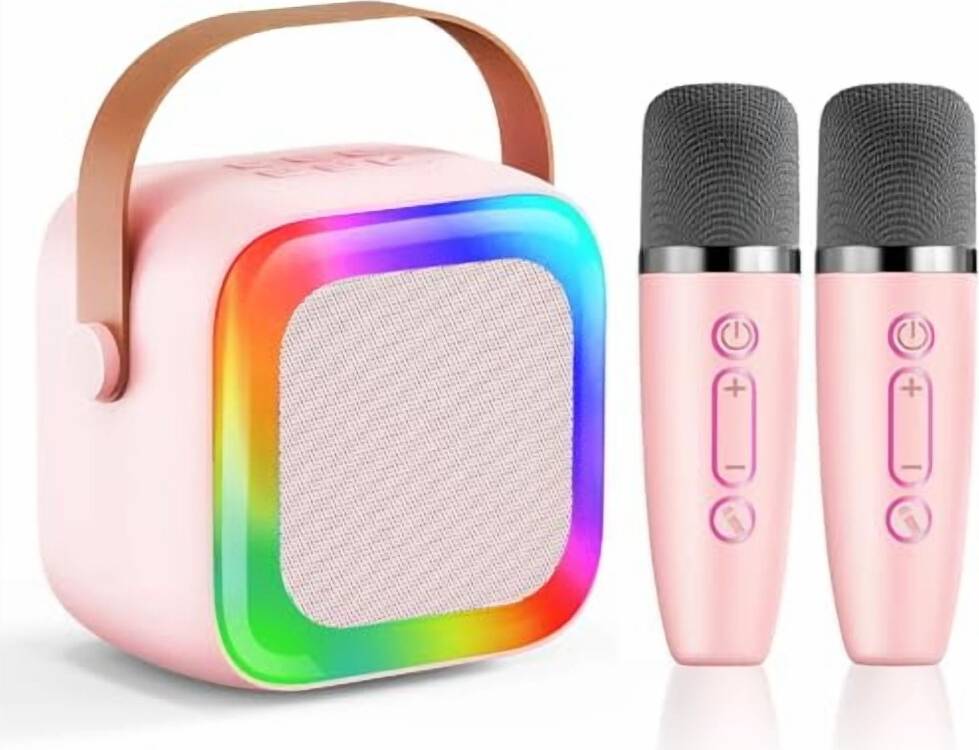 Mini Karaoke Machine 2 Wireless Mics LED Lights