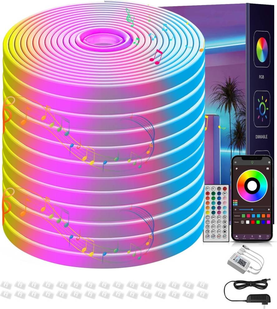 Neon Rope Lights IP67 50FT Remote App Music Sync String Light