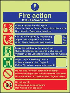VSafety Fire Action Discovery Multi-Language Sign