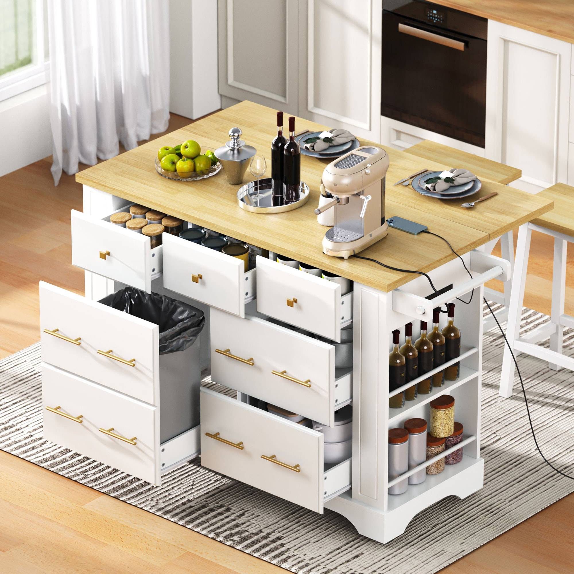 Pull out kitchen storage Kitchen Island 6 Drawers Pull Out Trash Can Storage Rolling - Power Outlet 5 Open Side Racks