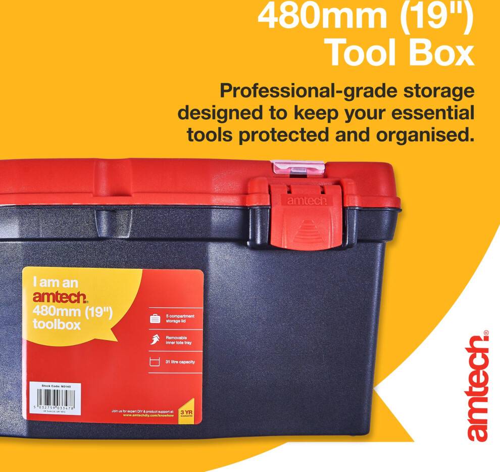 AmTech 19 Tool Box Large Plastic Storage Organiser Box