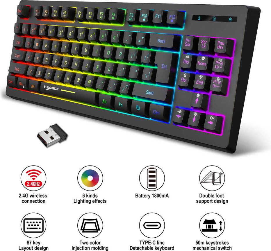 Wireless Gaming Keyboard 87-Key LED