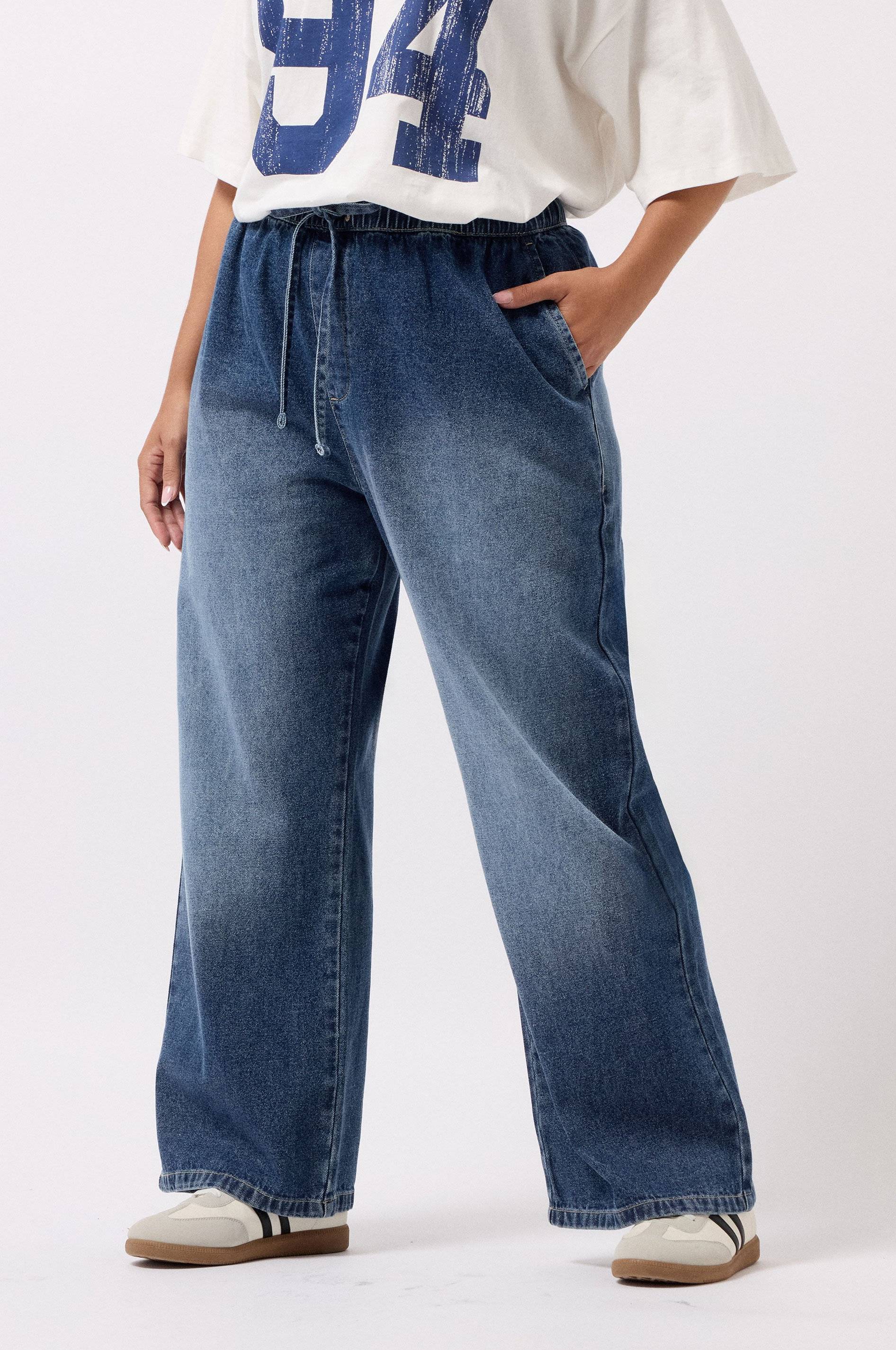 Yours Drawstring Wide Leg Jeans - Mid Blue