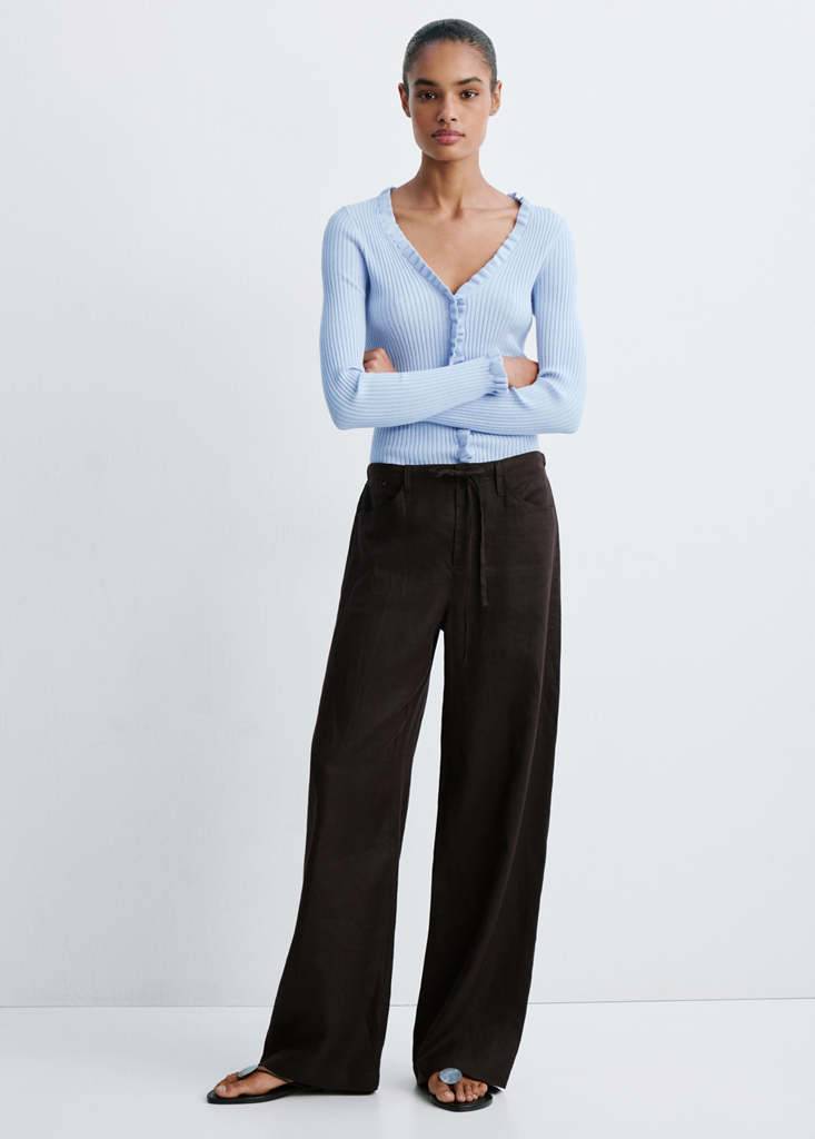 Mango Ribbed Ruffle Cardigan Sky Blue - Sky Blue
