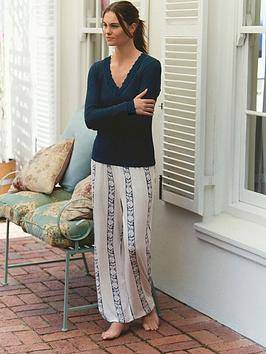 Blue Semington Damask Ribbed Jersey Pyjamas With Lace