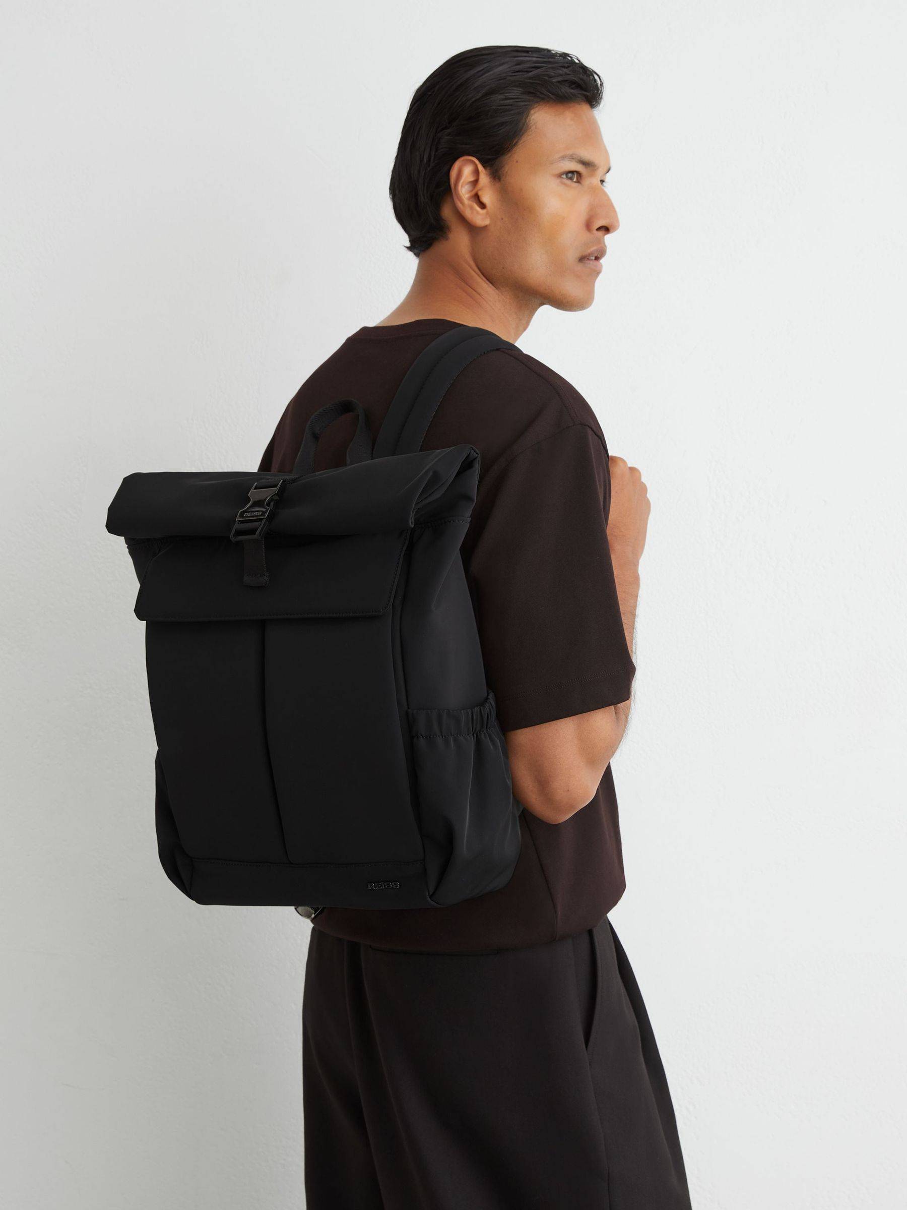 Reiss Black Pascal Technical Roll-Top Backpack