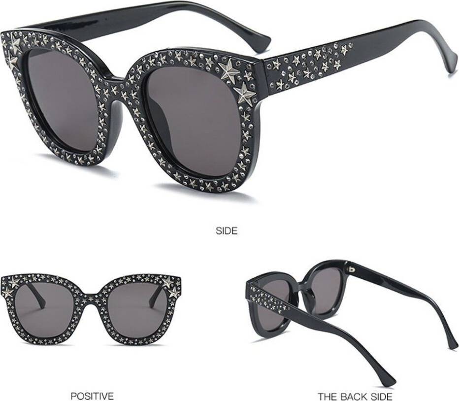 Oversized Frame Square Bling Rhinestone Sunglasses - Black