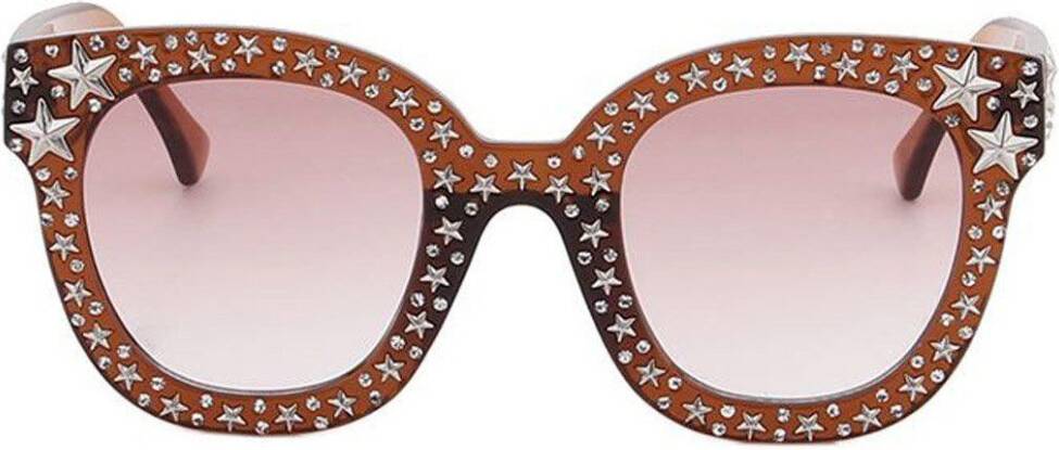Oversized Frame Square Bling Rhinestone Sunglasses - Brown