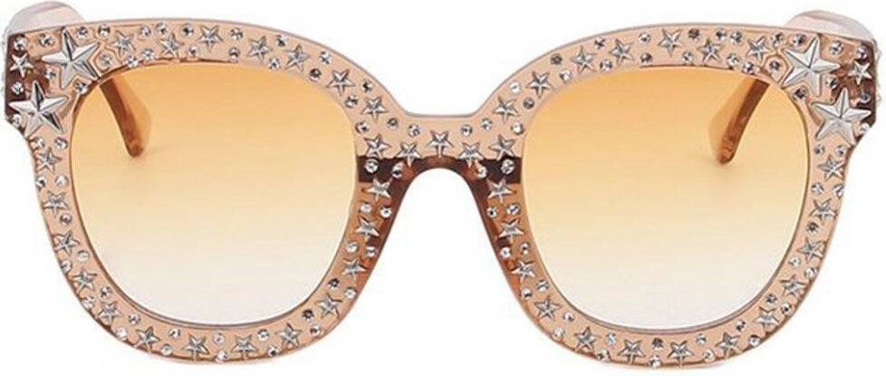 Oversized Frame Square Bling Rhinestone Sunglasses - Tea