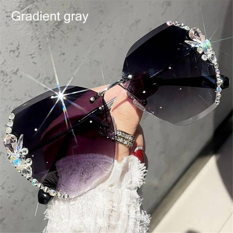 Vintage Rimless Rhinestone Sunglasses Retro Cutting Lens Gradient UV400