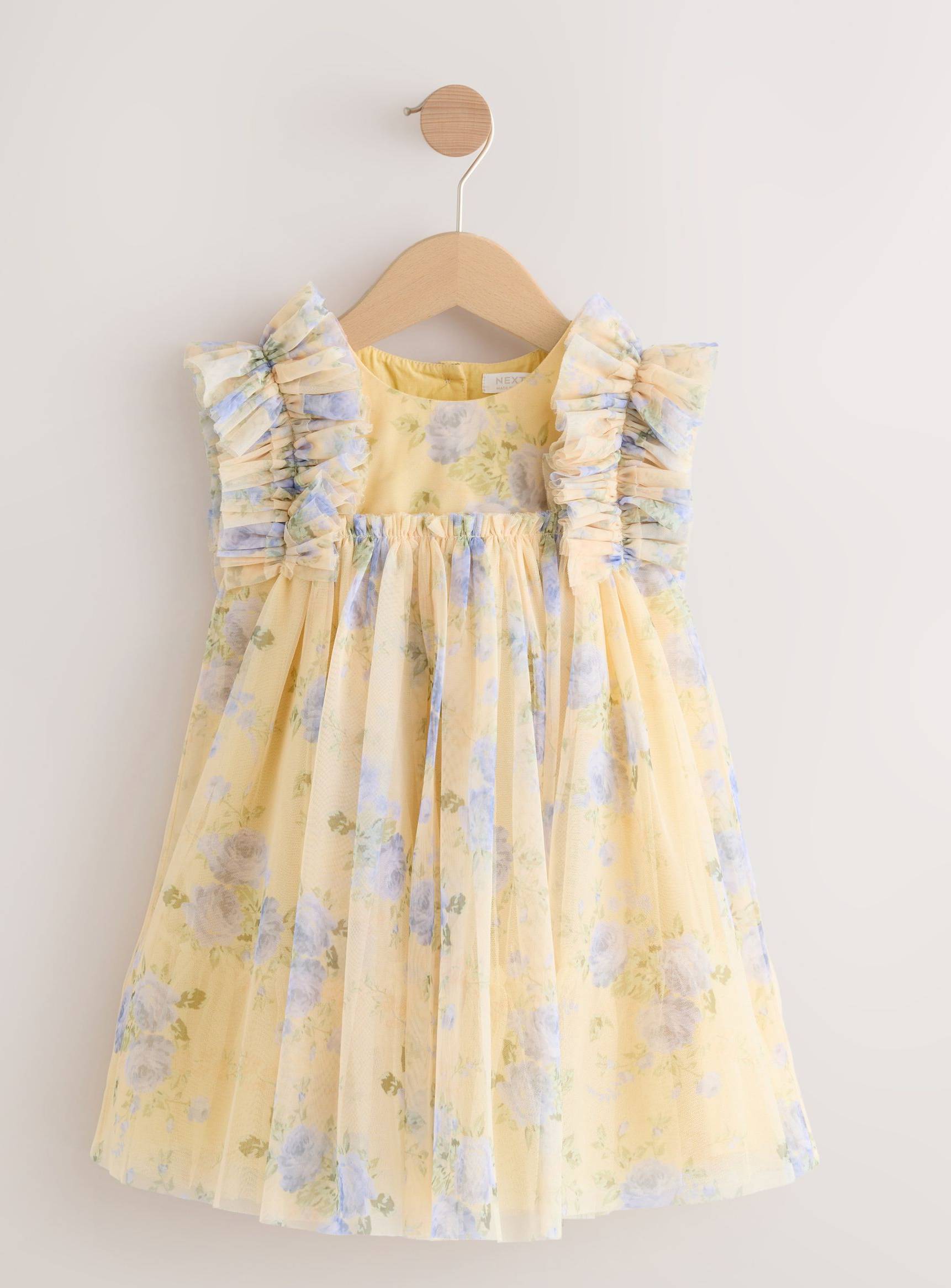 NEXT Yellow Ruffle Shoulder Mesh Dress