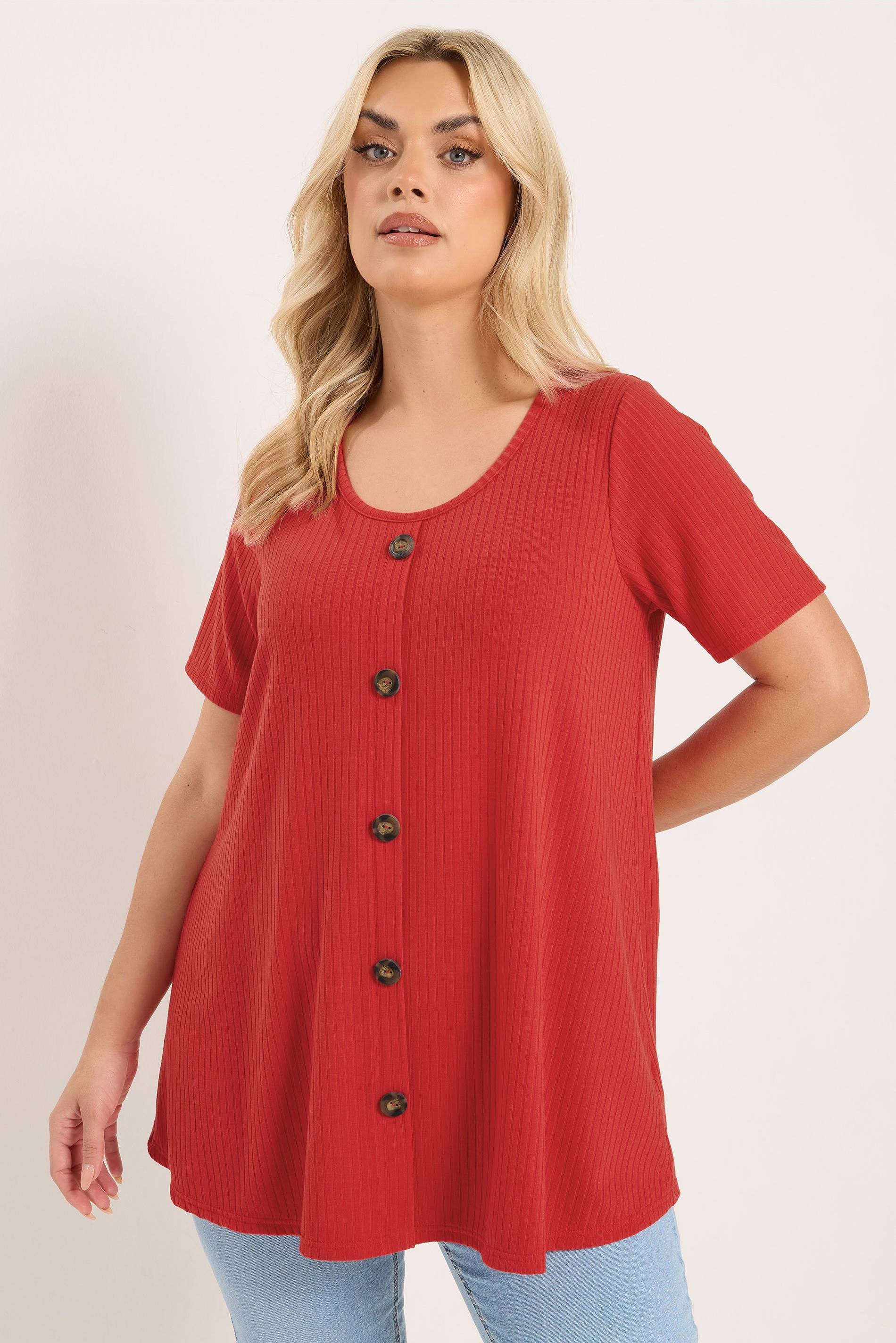 Yours Button Front Ribbed Swing Top - Red