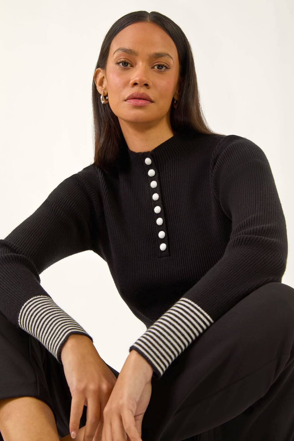 Dusk Buttoned Ribbed Knit Jumper - Black