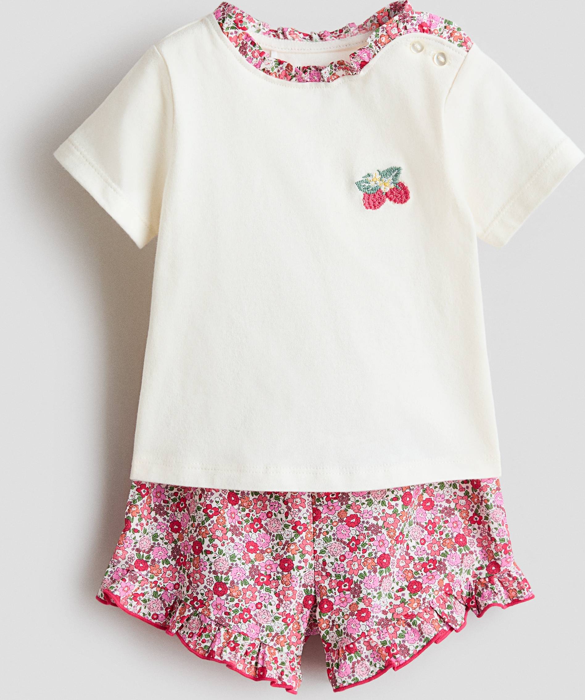 Adorables Pink Bright Raspberry Embroidered Floral Cotton Two-Piece Set - Pink