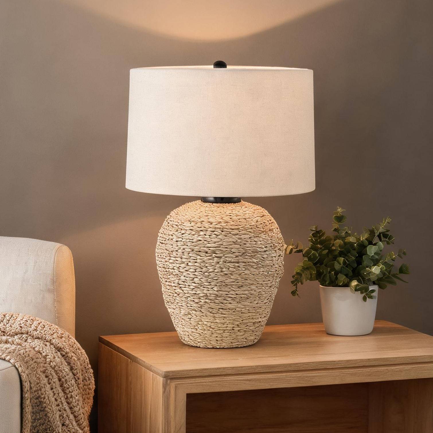 Rattan lamp shade Watnature 25 Inch Transitional Table Lamp Rattan Base Linen Beige Shade Table Lamp