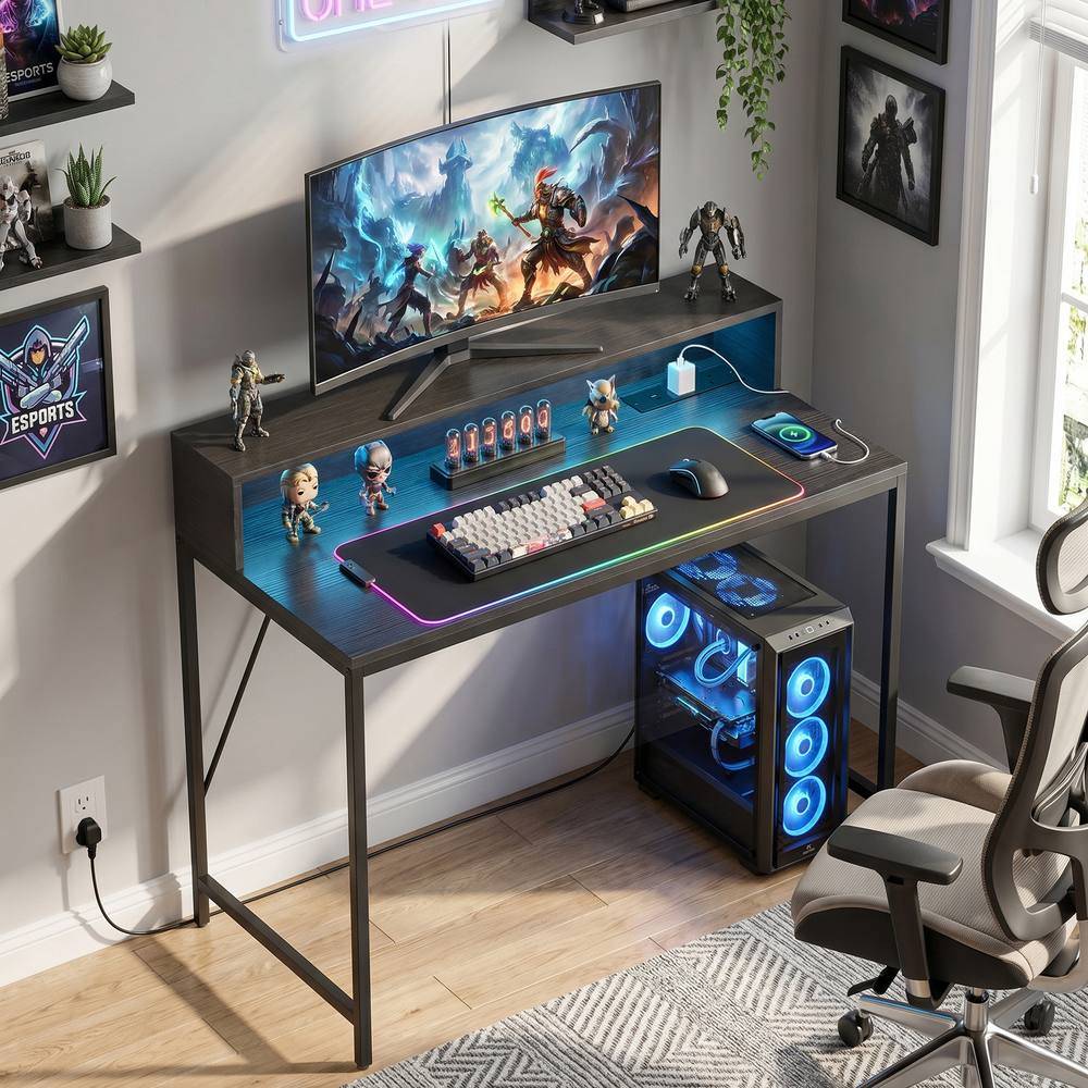 Homcom Gaming Desk With Led Lights And Power Outlets