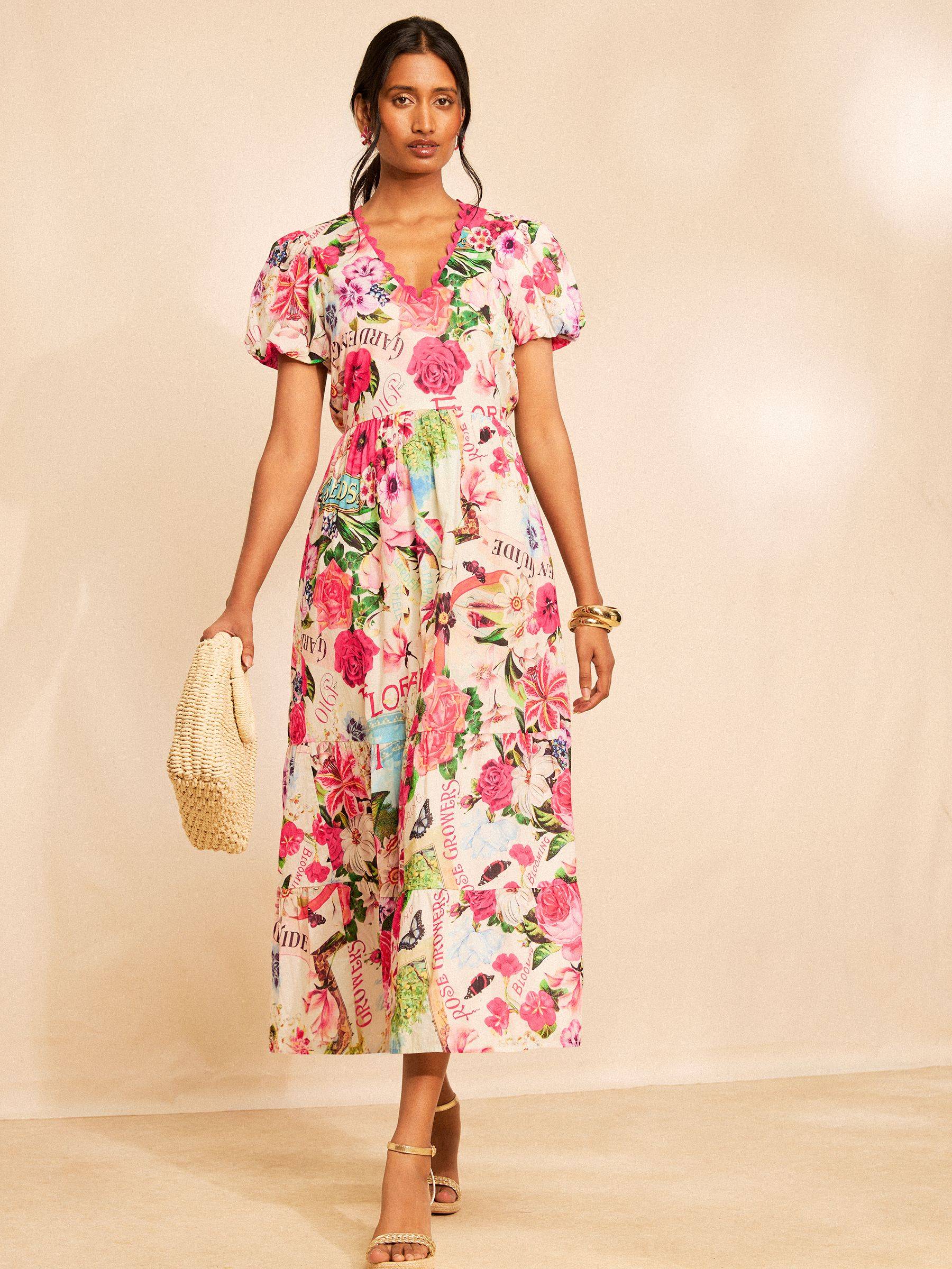 Love Roses RHS Floral Motif Petite Printed Ric Rac V-Neck Midi Dress