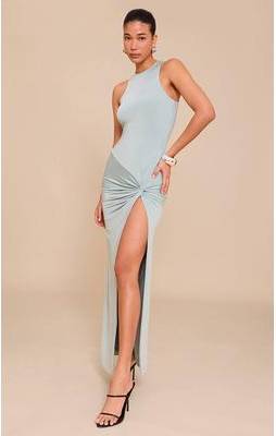 Sage touch PrettyLittleThing Double Layer Soft Touch Racer Ruched Detail Split Maxi Dress - Sage