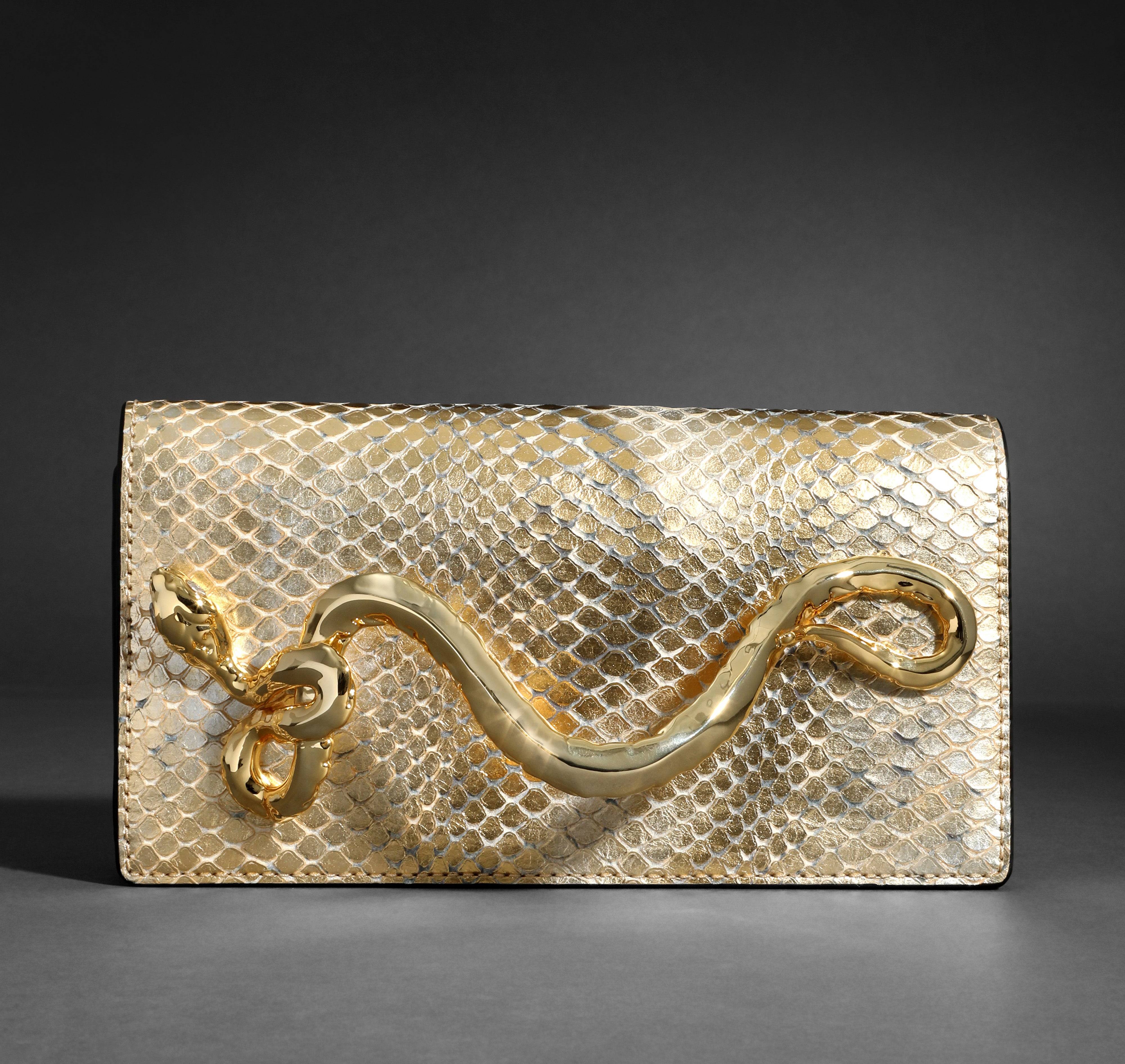 Alexis Bittar Serpent Side Handle Clutch - Gold Python
