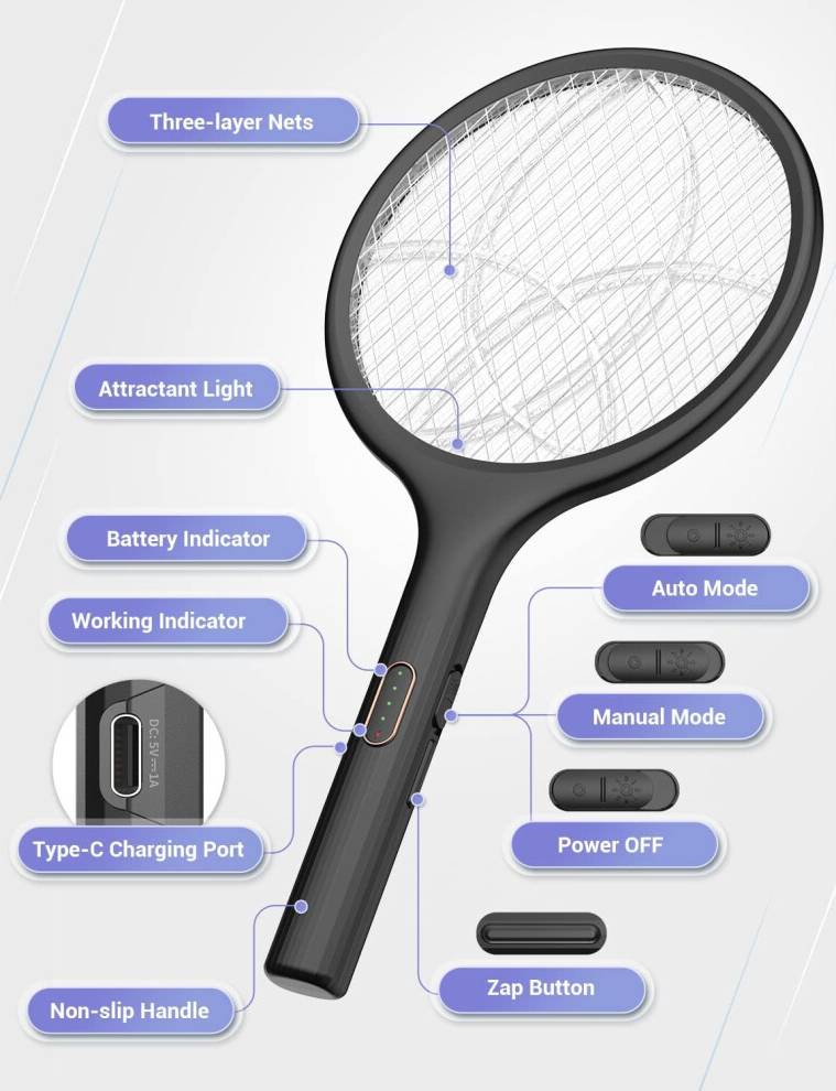 4000V Mosquito Zapper Racket Purple Light
