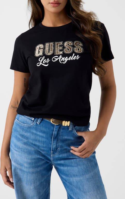 Guess Snake Script Rhinestone Graphic T-shirt - Jblack