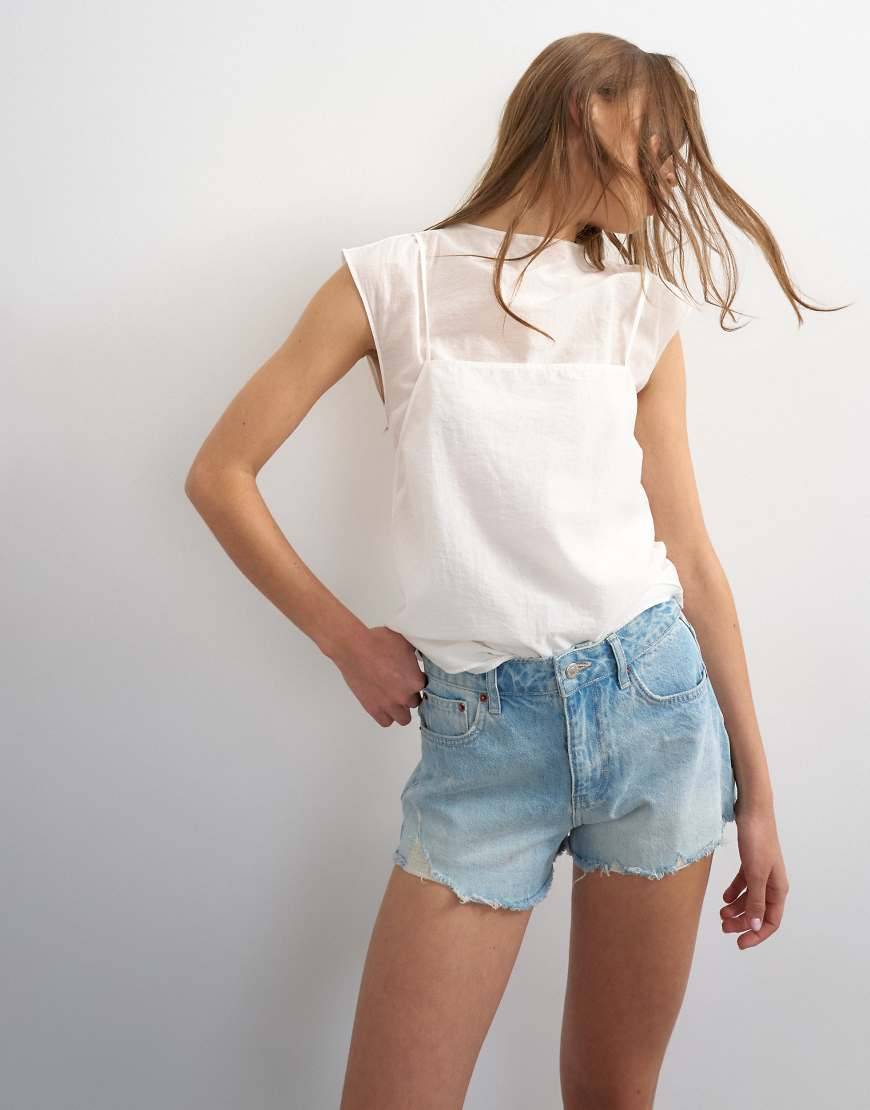 Denim A-Line Short With Rip - Bleach Blue
