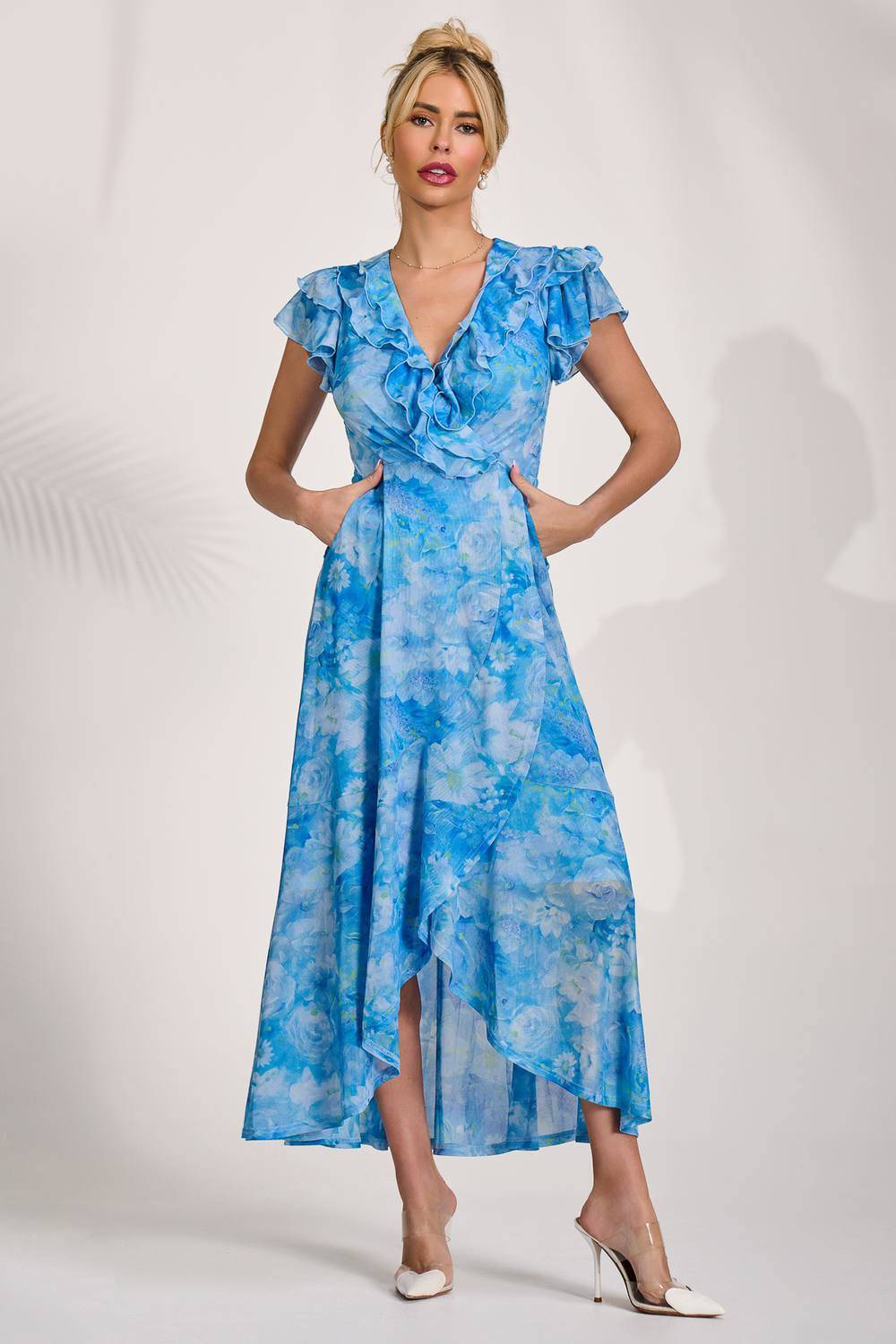 Jolie Moi Ruffled Mesh Maxi Dress - Blue
